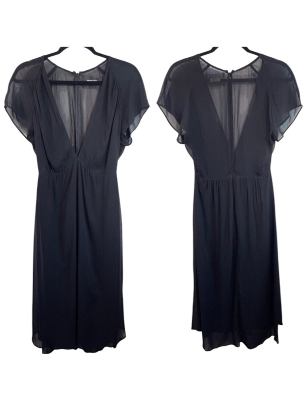 Reformation Positano Black Semi-Sheer Georgette‎ V-Neck Midi Dress 2P